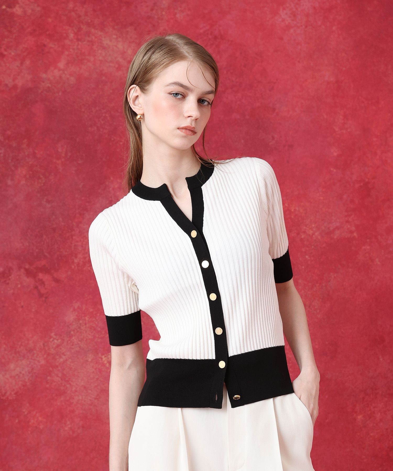 ◇バイカラーキーネック5分袖カーディガン|allureville OFFICIAL SITE