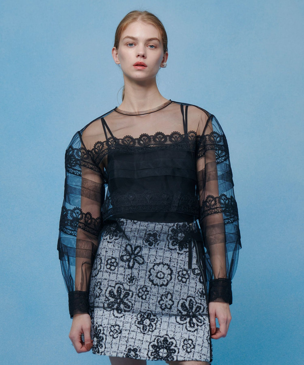 LOULOU WILLOUGHBY 【LOULOU WILLOUGHBY】チュールレースブラウス ブラック (95)