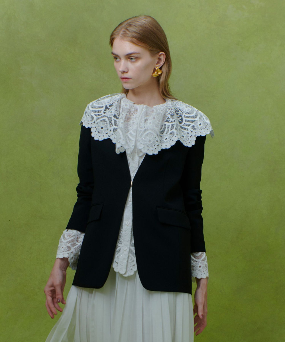 LOULOU WILLOUGHBY 【LOULOU WILLOUGHBY】ダブルクロスノーカラージャケット ブラック (95)