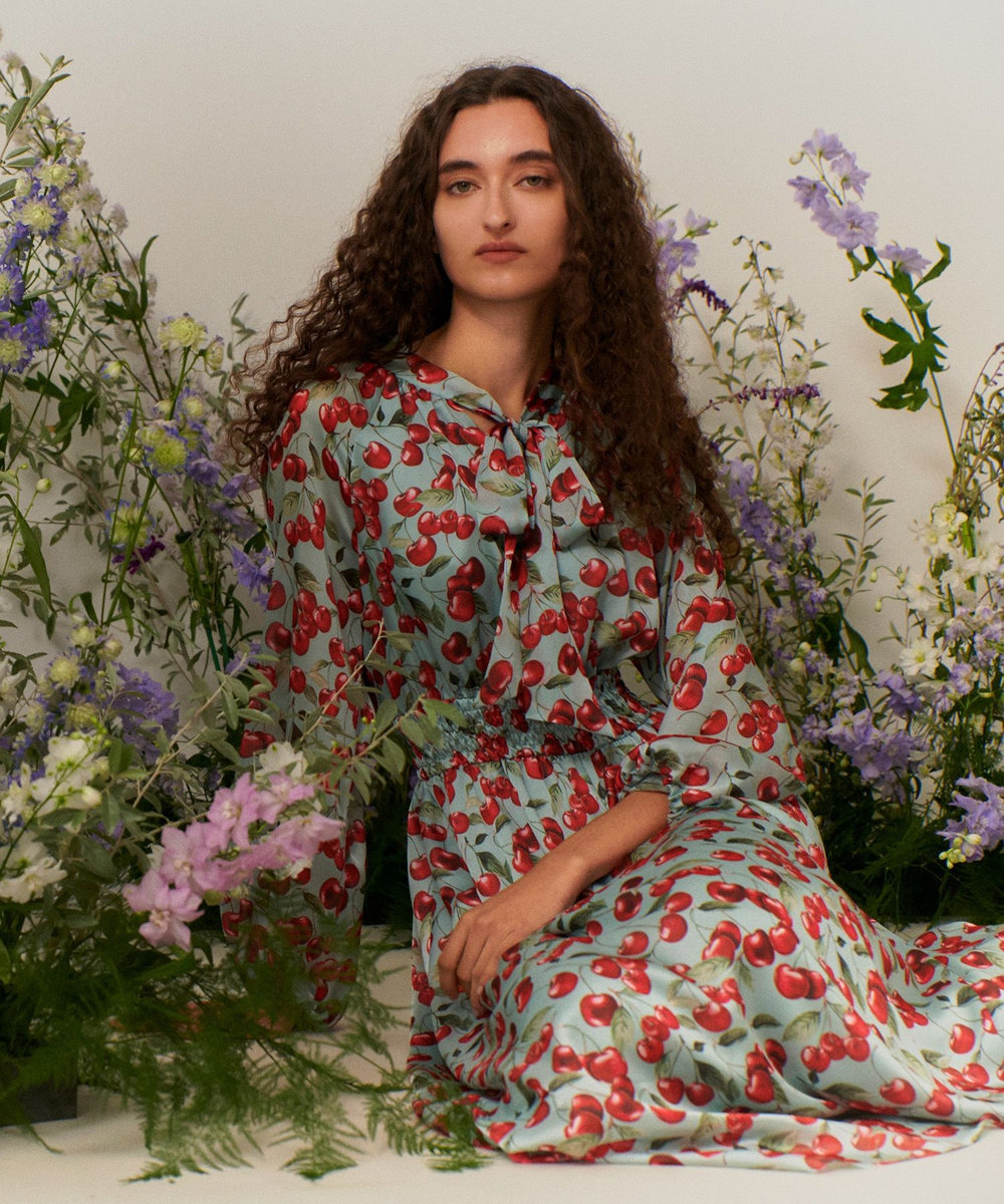 LOULOU WILLOUGHBY 【LOULOU WILLOUGHBY】LISAチェリープリント リボンワンピース サックス (63)