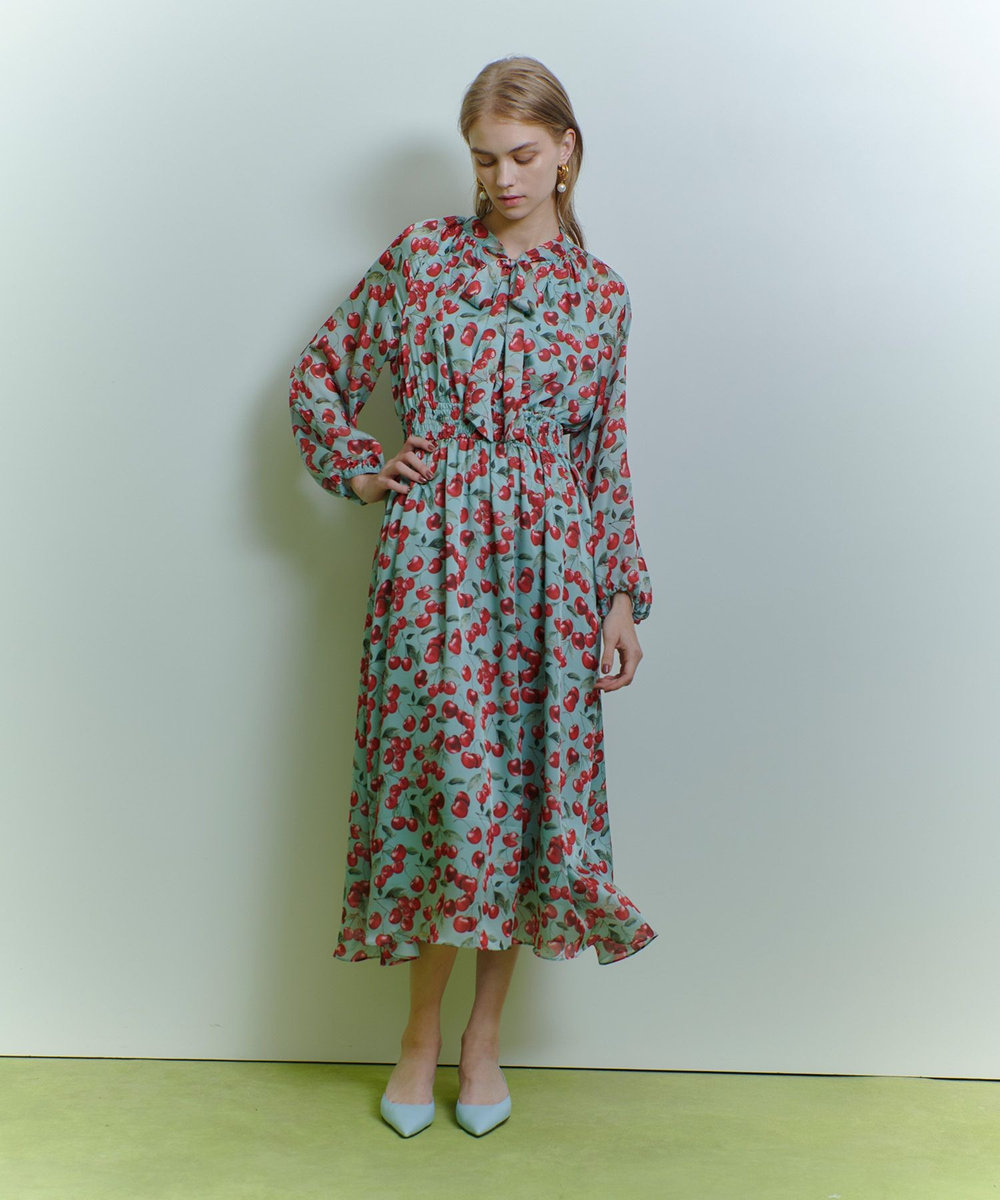 LOULOU WILLOUGHBY 【LOULOU WILLOUGHBY】LISAチェリープリント リボンワンピース サックス (63)