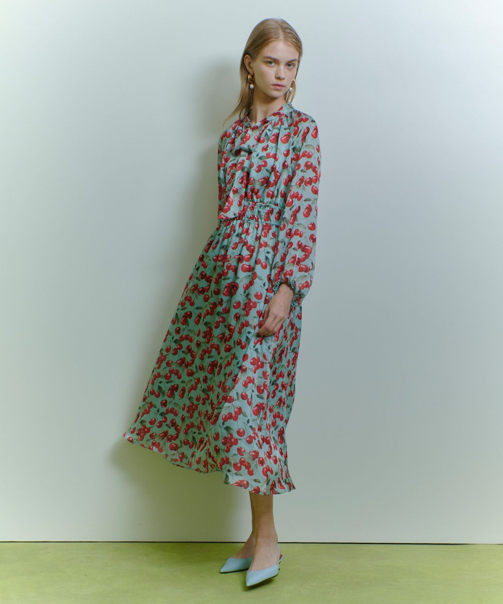 LOULOU WILLOUGHBY 【LOULOU WILLOUGHBY】LISAチェリープリント リボンワンピース サックス (63)