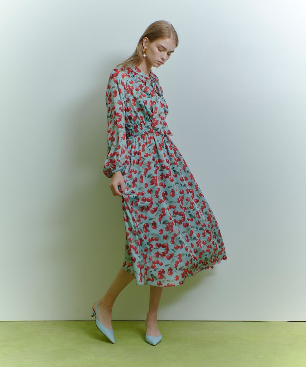 LOULOU WILLOUGHBY 【LOULOU WILLOUGHBY】LISAチェリープリント リボンワンピース サックス (63)