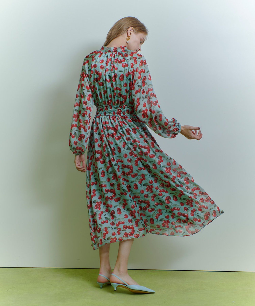 LOULOU WILLOUGHBY 【LOULOU WILLOUGHBY】LISAチェリープリント リボンワンピース サックス (63)