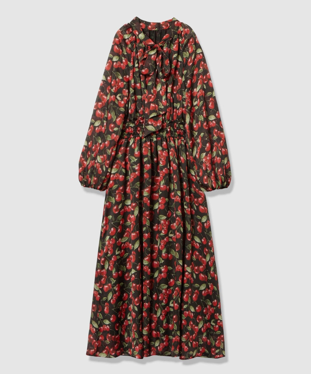 LOULOU WILLOUGHBY 【LOULOU WILLOUGHBY】LISAチェリープリント リボンワンピース ブラック (95)