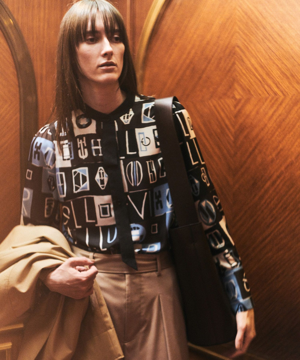 allureville パッチワークプリントボウブラウス ブラウン (81)