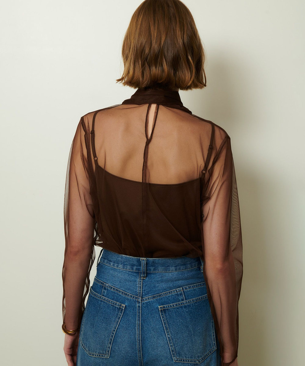 allureville チュールボウロングスリーブ プルオーバー ブラウン (81)