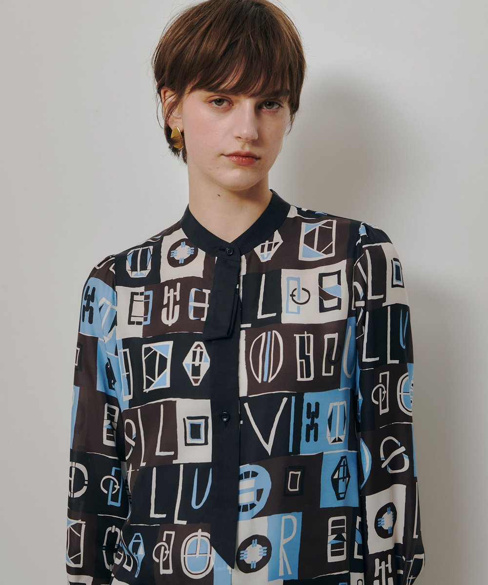 allureville パッチワークプリントボウブラウス ブラウン (81)