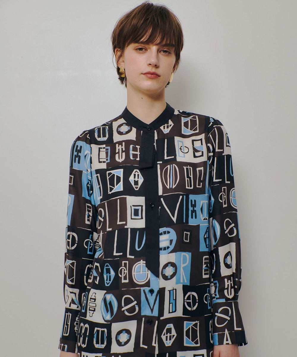 allureville パッチワークプリントボウブラウス ブラウン (81)