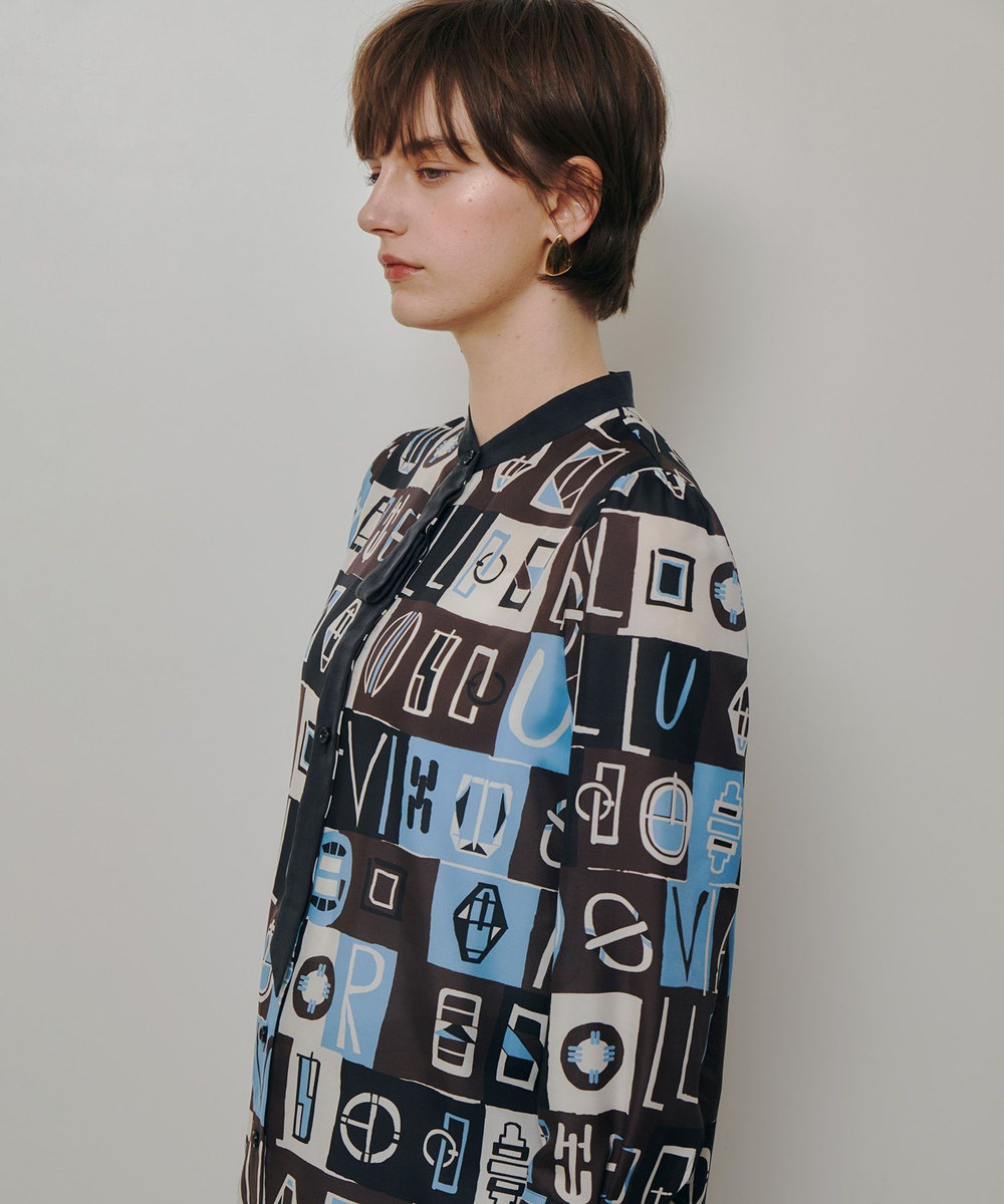 allureville パッチワークプリントボウブラウス ブラウン (81)