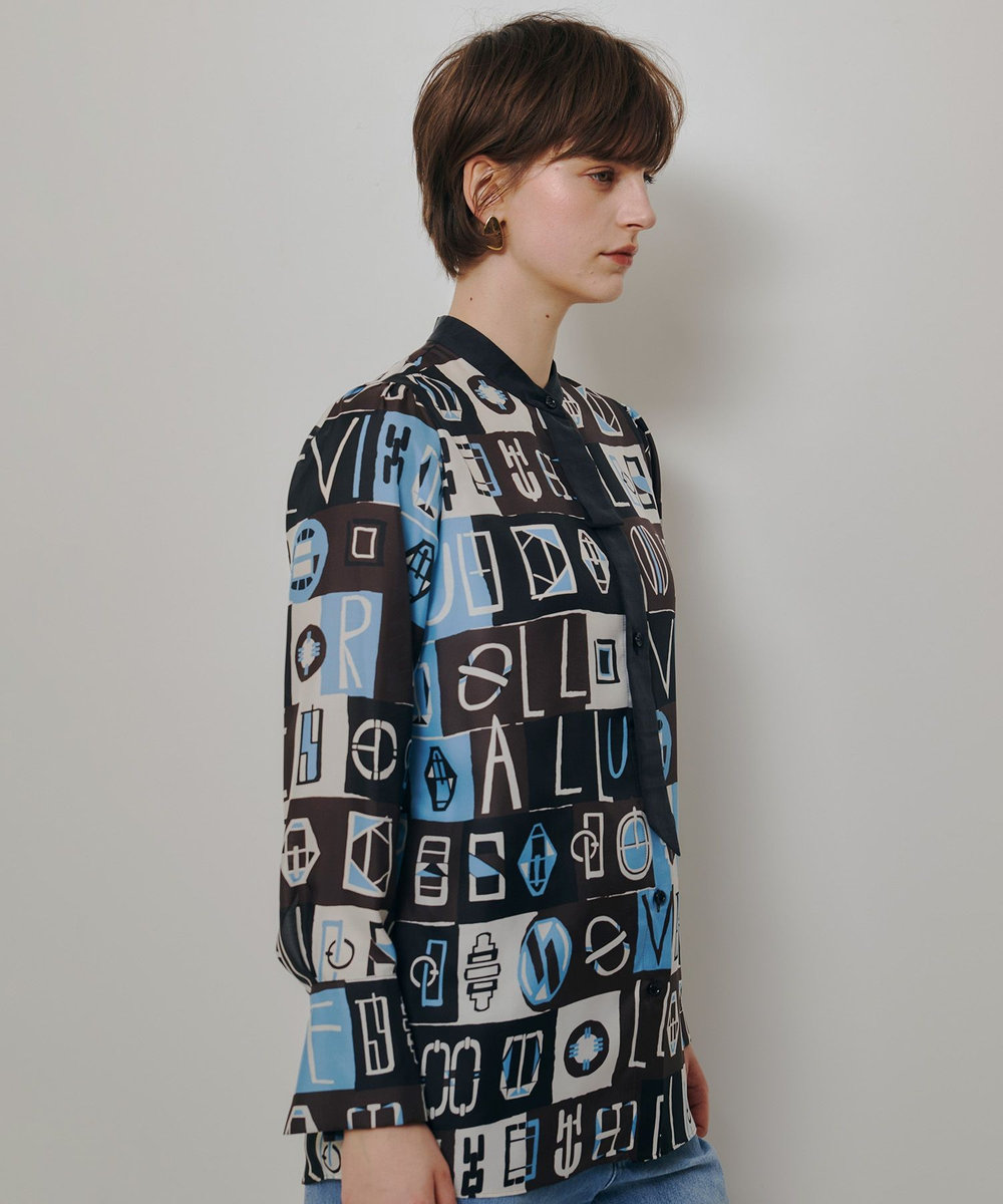 allureville パッチワークプリントボウブラウス ブラウン (81)