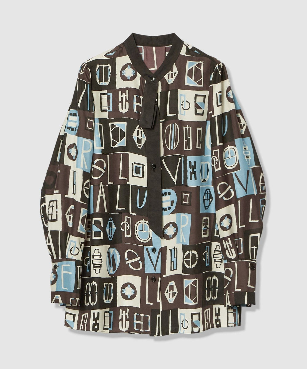 allureville パッチワークプリントボウブラウス ブラウン (81)