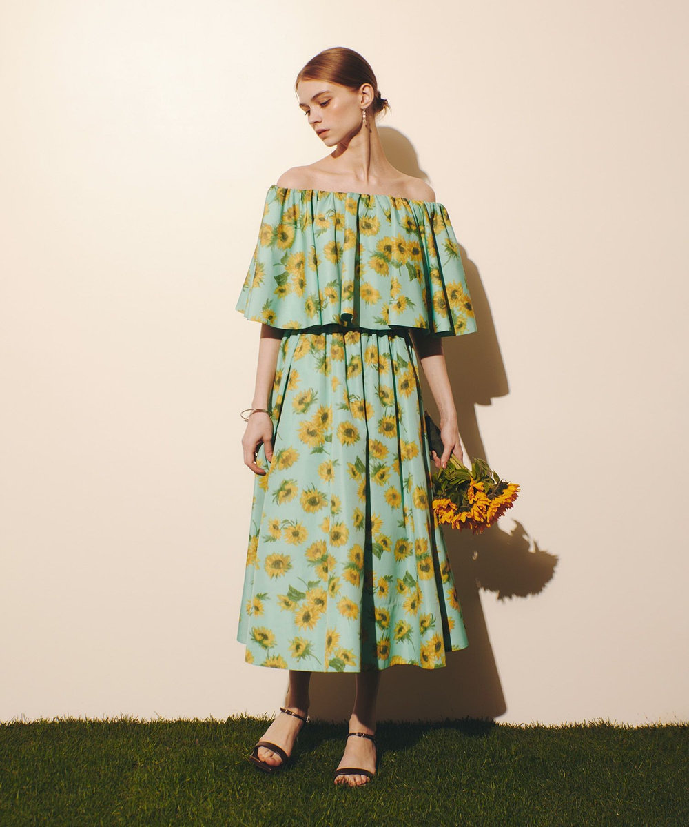LOULOU WILLOUGHBY WEB 一部店舗限定【LOULOU WILLOUGHBY】サンフラワープリントギャザースカート グリーン系 (74)