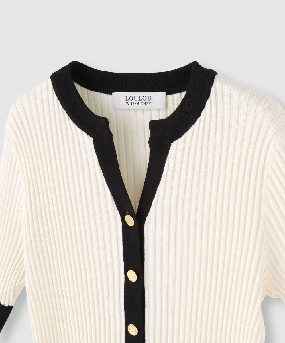 LOULOU WILLOUGHBY ◇バイカラーキーネック5分袖カーディガン オフホワイト (02)