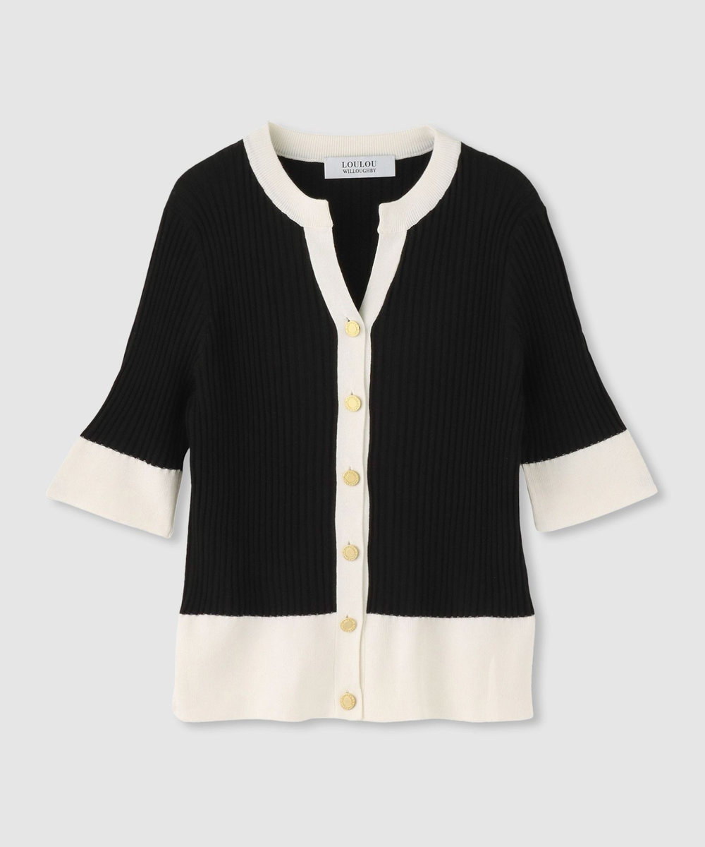LOULOU WILLOUGHBY ◇バイカラーキーネック5分袖カーディガン ブラック (95)