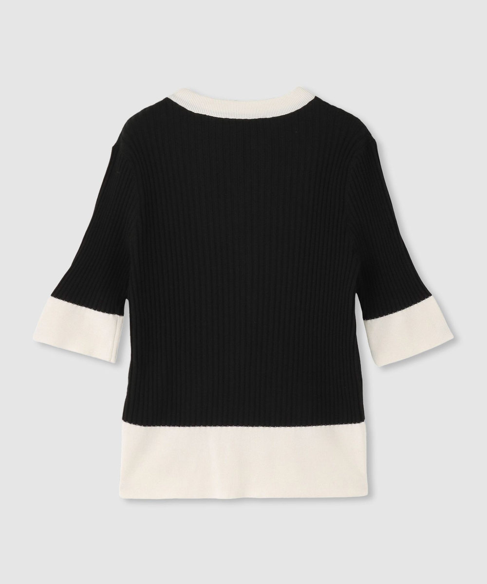 LOULOU WILLOUGHBY ◇バイカラーキーネック5分袖カーディガン ブラック (95)