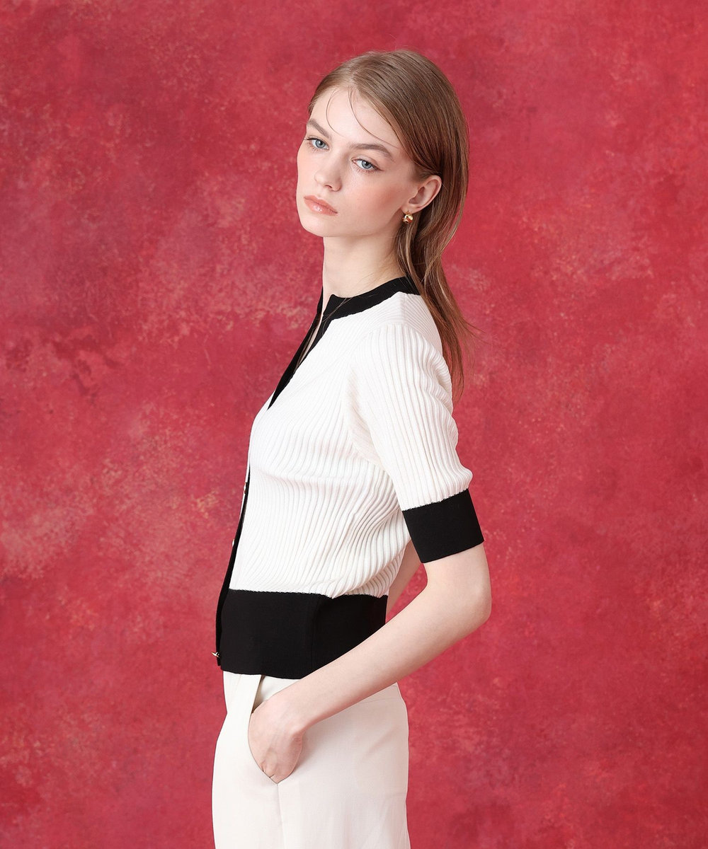 LOULOU WILLOUGHBY ◇バイカラーキーネック5分袖カーディガン オフホワイト (02)