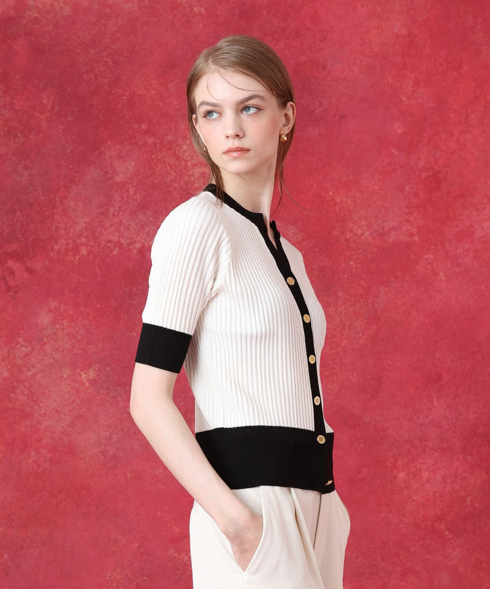 LOULOU WILLOUGHBY ◇バイカラーキーネック5分袖カーディガン オフホワイト (02)