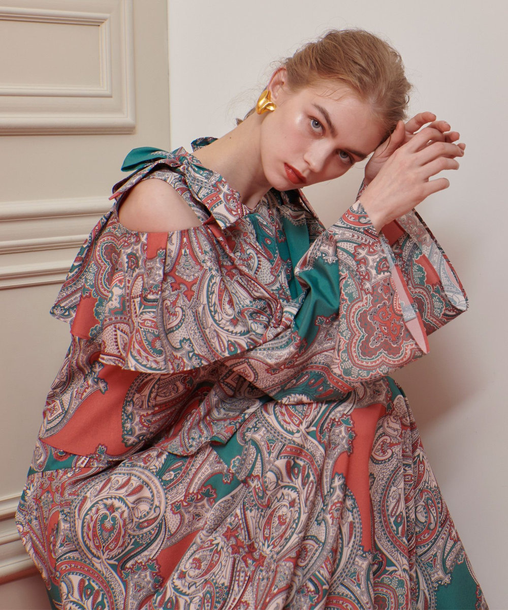 LOULOU WILLOUGHBY RATTIペイズリーオフショルブラウス グリーン (71)