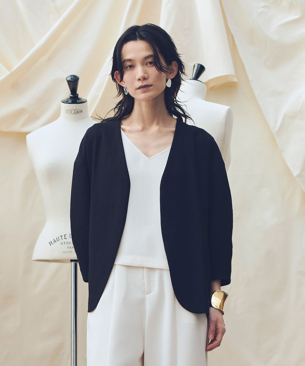 allureville 【ATELIER Line】ハーフスリーブカラーレスジャケット ブラック (95)