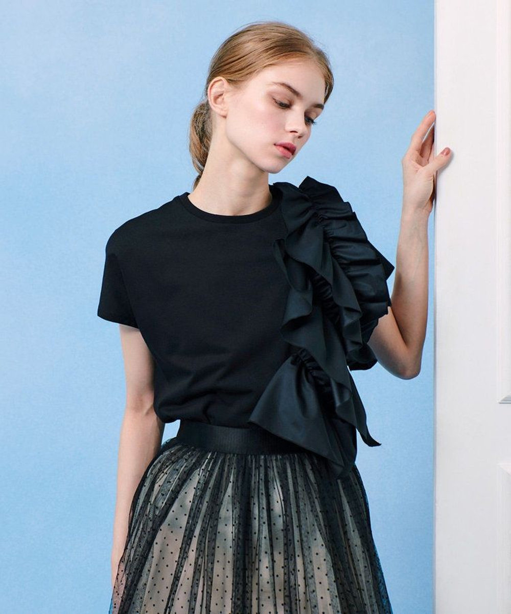 LOULOU WILLOUGHBY 【LOULOU WILLOUGHBY】ギャザーレイヤーTシャツ ブラック (95)