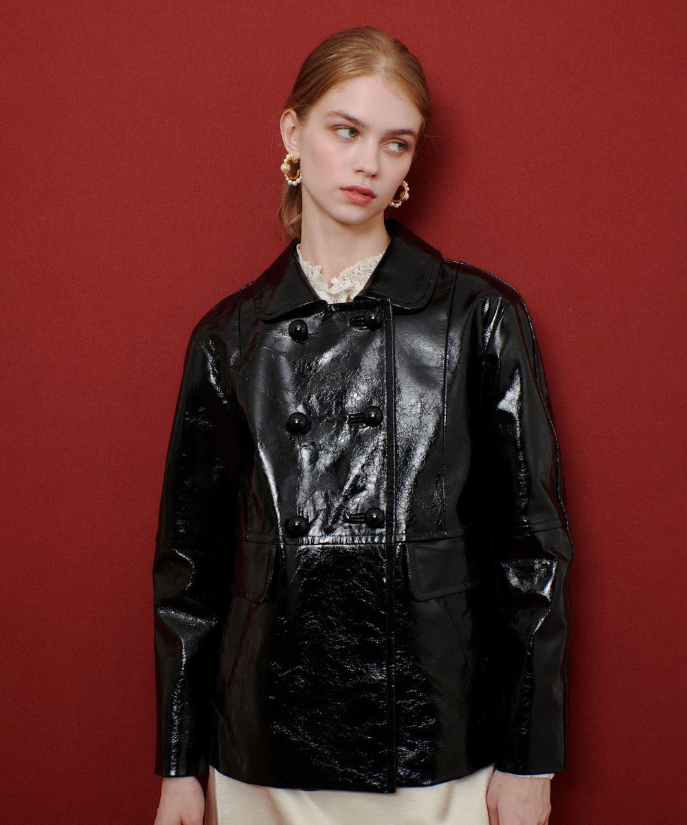 LOULOU WILLOUGHBY クラッシュエナメルレザーブルゾン ブラック (95)