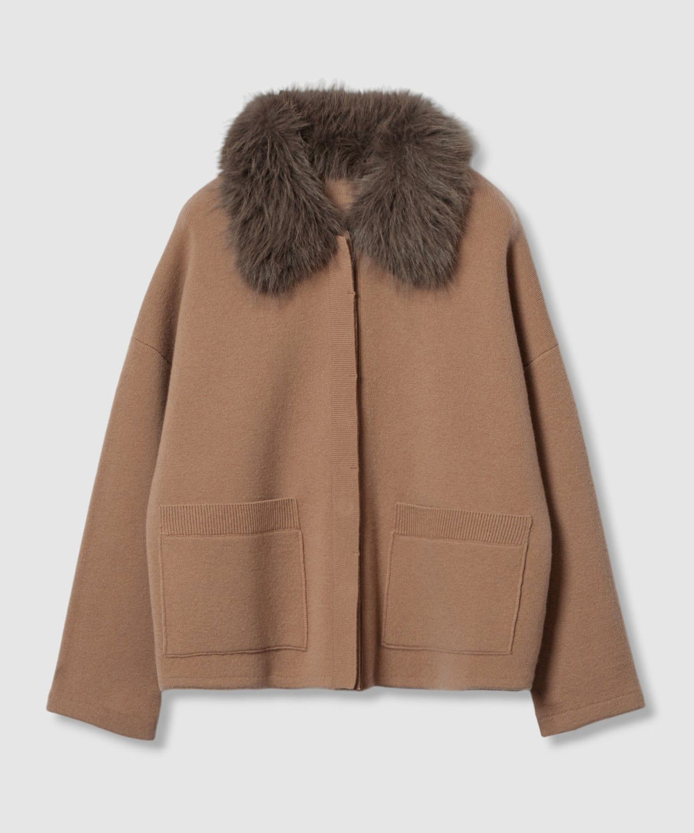 LOULOU WILLOUGHBY ファー衿ニットショートコート ベージュ (11)