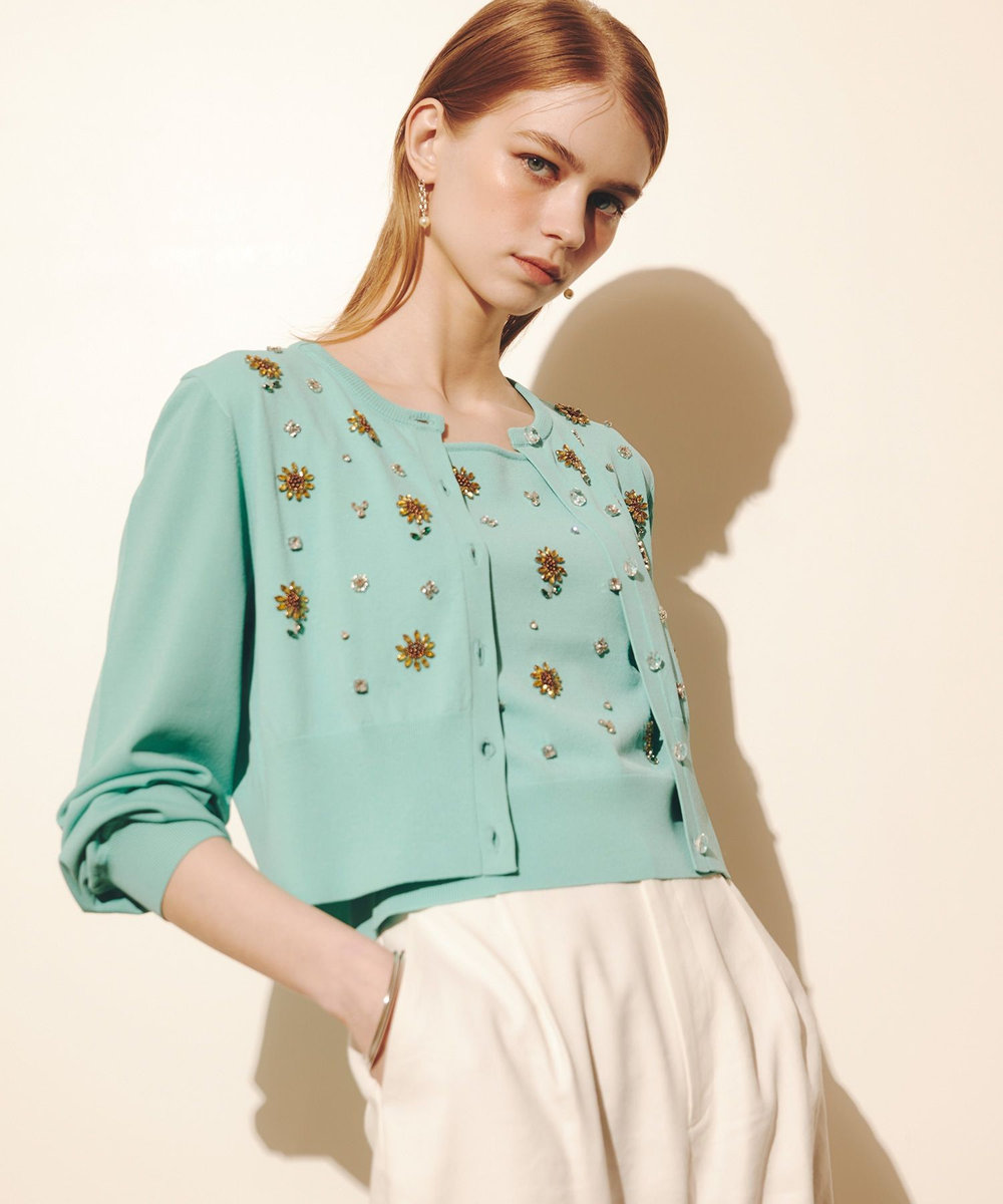 LOULOU WILLOUGHBY  WEB 一部店舗限定【LOULOU WILLOUGHBY】サンフラワービジューカーディガン ターコイズ (64)