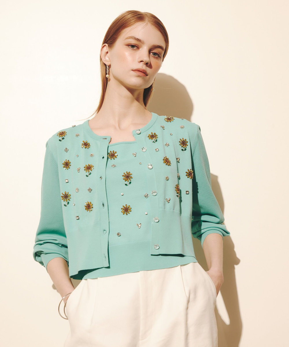 LOULOU WILLOUGHBY  WEB 一部店舗限定【LOULOU WILLOUGHBY】サンフラワービジューカーディガン ターコイズ (64)