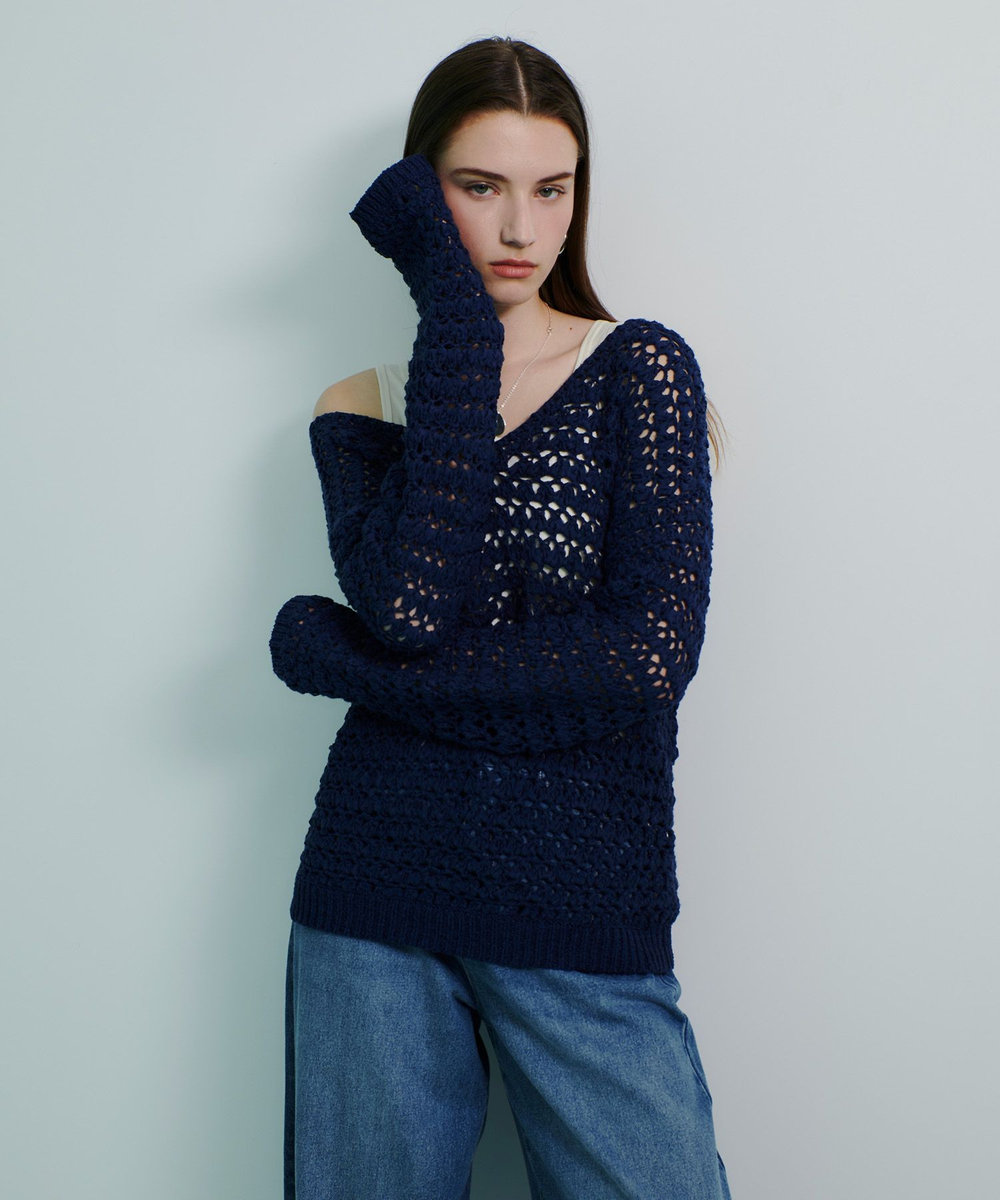 allureville テープヤーンハンドニットプルオーバー ネイビー (65)