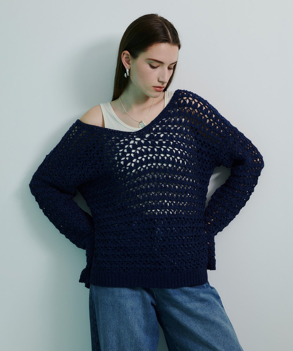 allureville テープヤーンハンドニットプルオーバー ネイビー (65)