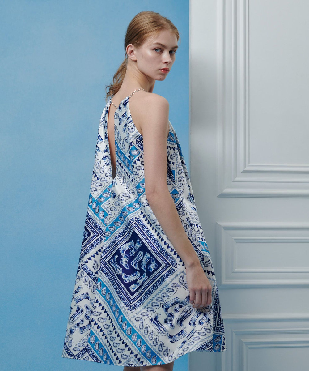 LOULOU WILLOUGHBY 【LOULOU WILLOUGHBY】ウエスタンスカーフプリントホルターネックワンピース ブルー (61)