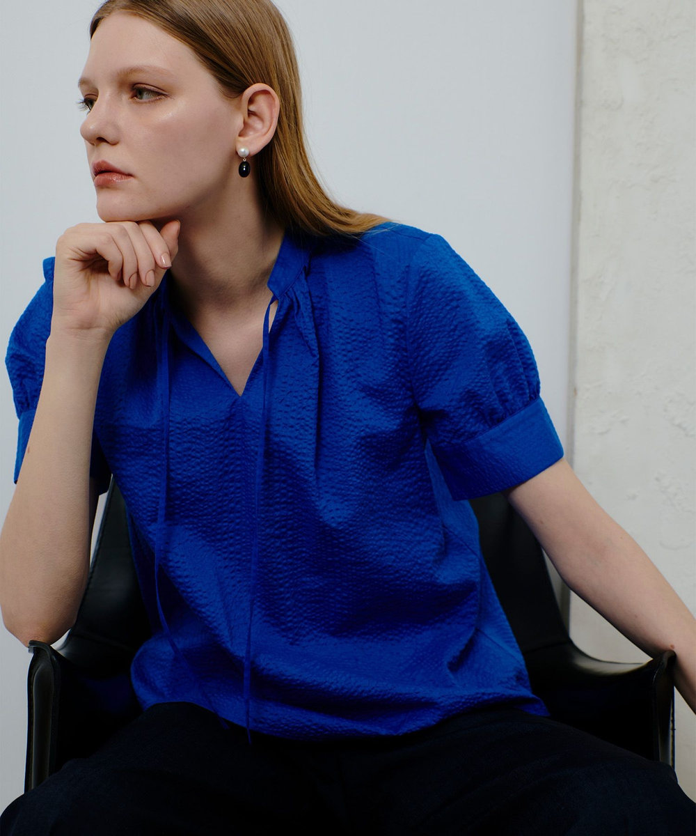 allureville リップルスタンドカラーブラウス ブルー (61)
