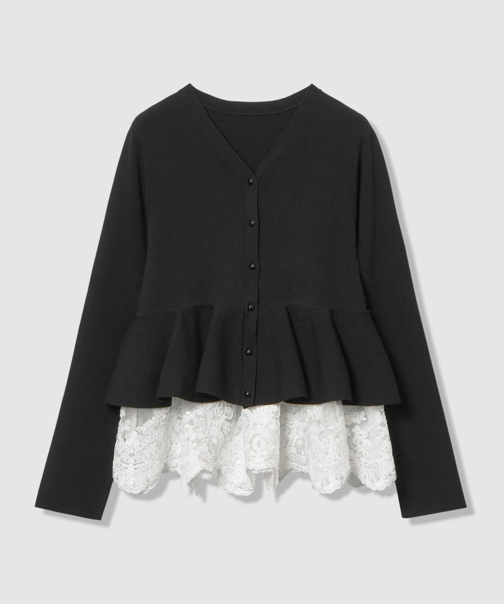 LOULOU WILLOUGHBY 【LOULOU WILLOUGHBY】レースレイヤーペプラムカーディガン ブラック (95)