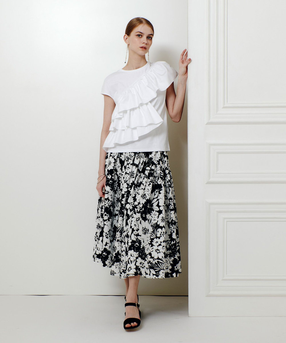 LOULOU WILLOUGHBY WEB 一部店舗限定【LOULOU WILLOUGHBY】モノトーンフラワープリントギャザースカート ブラック系 (98)