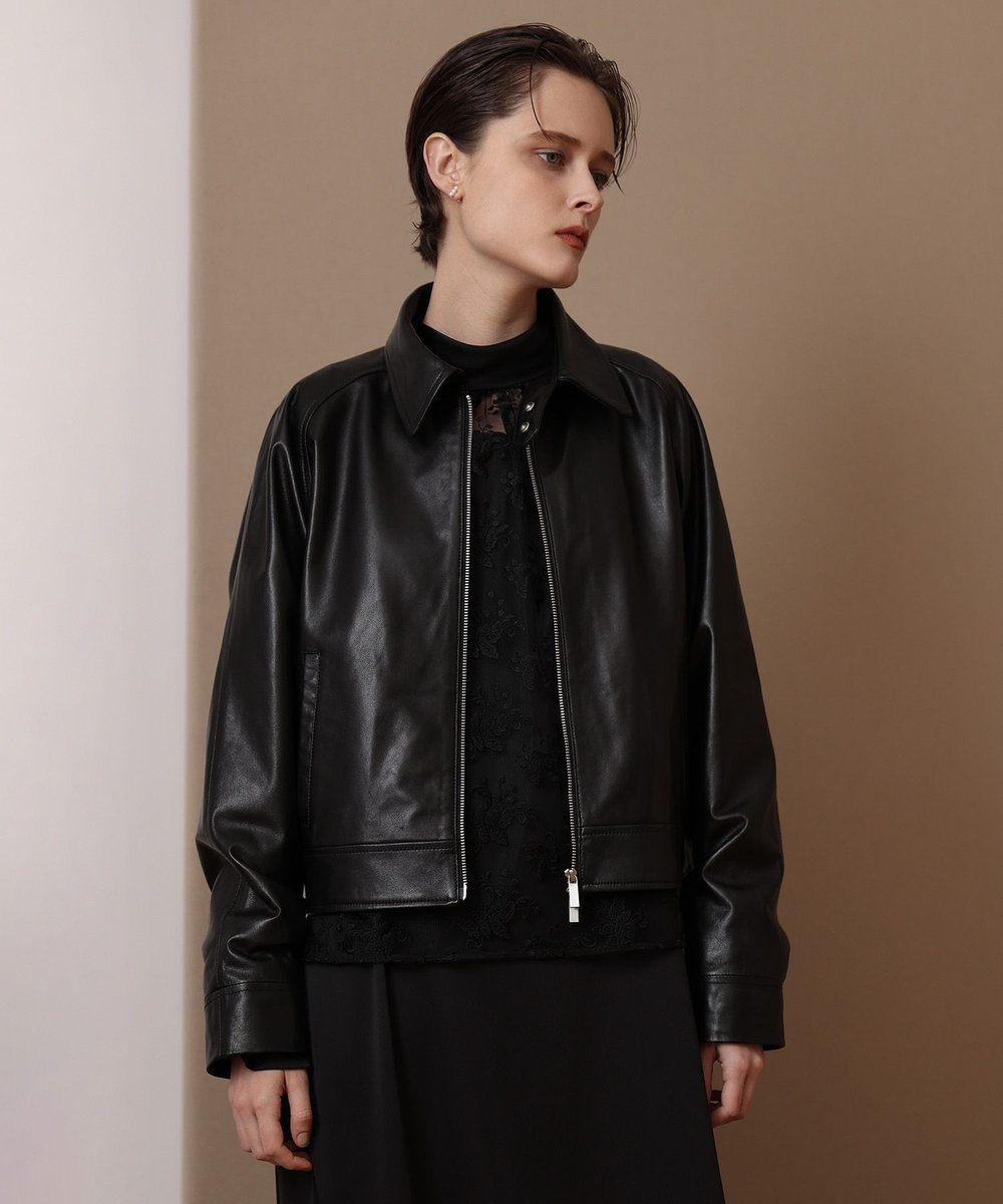 allureville ラムレザーフロントジップブルゾン ブラック (95)