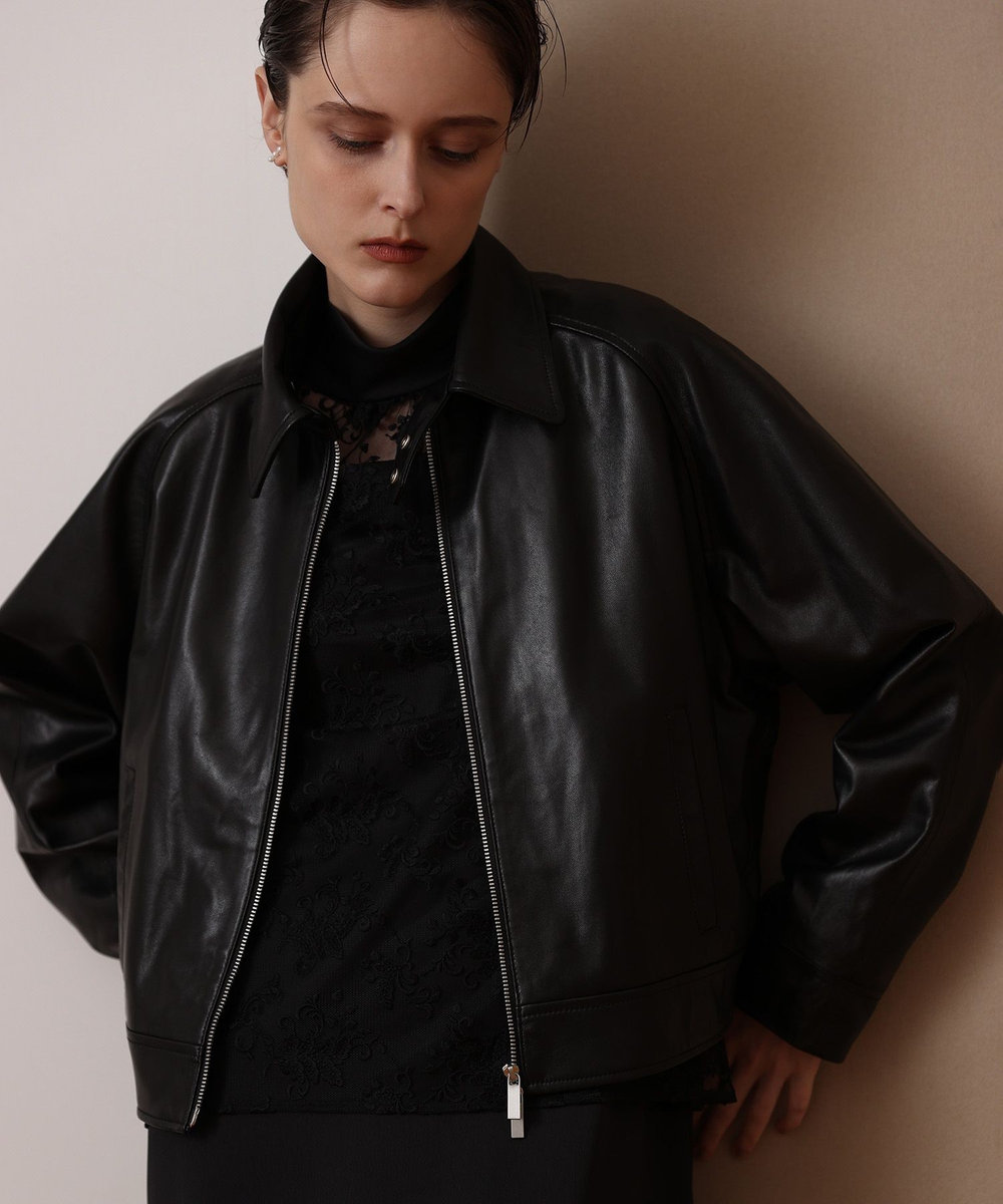 allureville ラムレザーフロントジップブルゾン ブラック (95)
