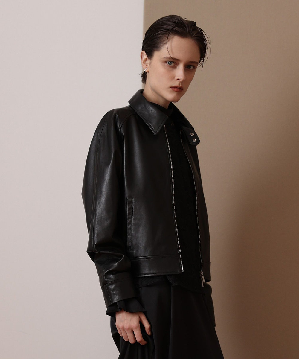 allureville ラムレザーフロントジップブルゾン ブラック (95)