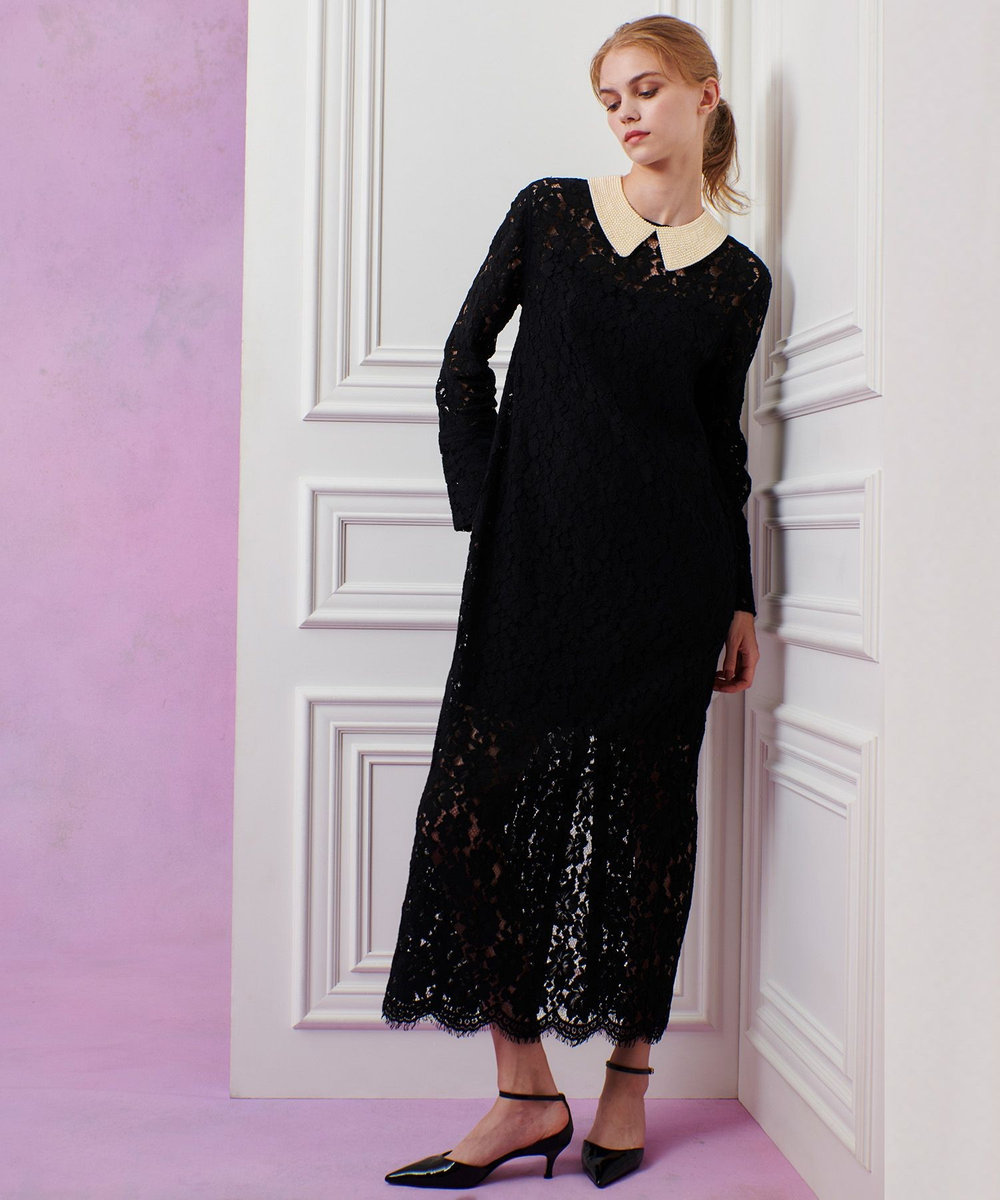 LOULOU WILLOUGHBY 【LOULOU WILLOUGHBY】パールネックレースワンピース ブラック (95)