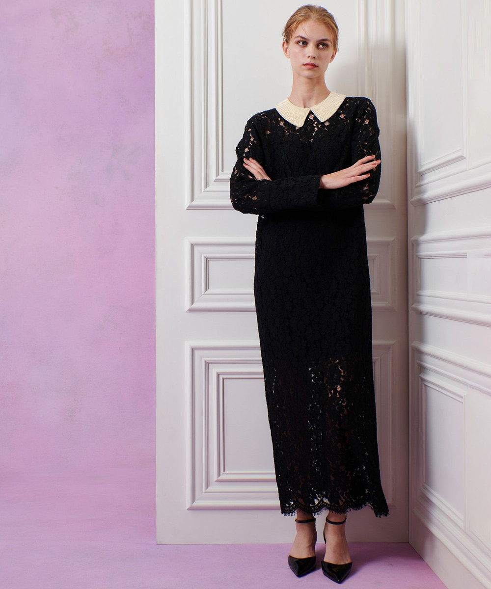 LOULOU WILLOUGHBY 【LOULOU WILLOUGHBY】パールネックレースワンピース ブラック (95)