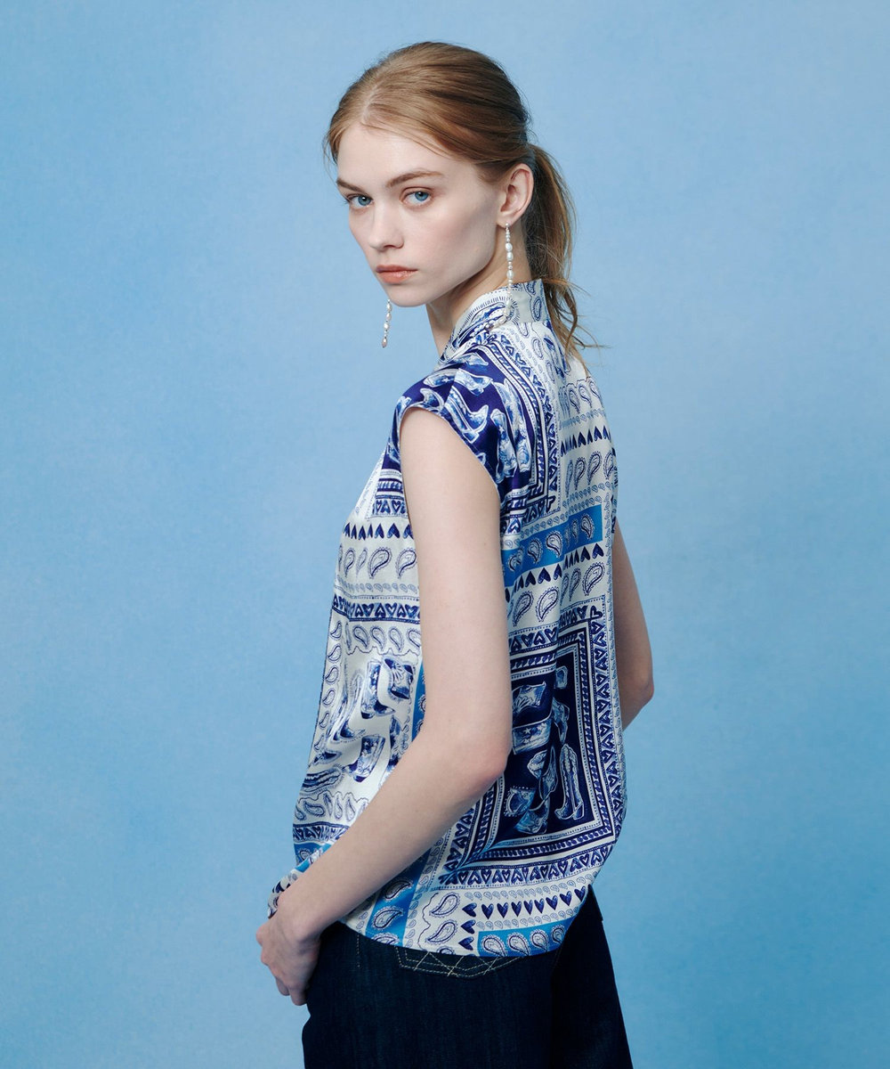 LOULOU WILLOUGHBY WEB 一部店舗限定【LOULOU WILLOUGHBY】ウエスタンスカーフプリントリボンブラウス ブルー (61)