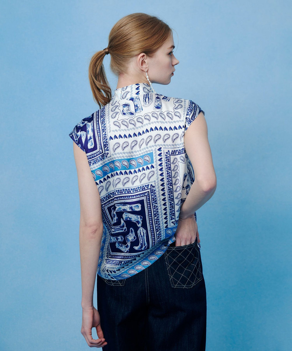 LOULOU WILLOUGHBY WEB 一部店舗限定【LOULOU WILLOUGHBY】ウエスタンスカーフプリントリボンブラウス ブルー (61)