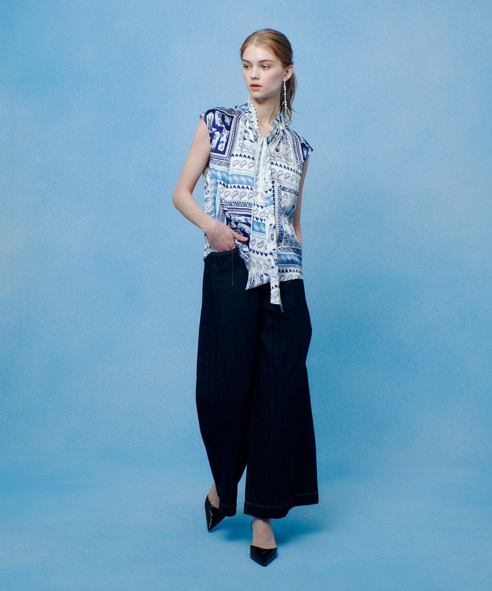 LOULOU WILLOUGHBY WEB 一部店舗限定【LOULOU WILLOUGHBY】ウエスタンスカーフプリントリボンブラウス ブルー (61)
