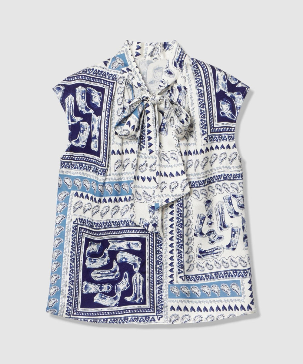 LOULOU WILLOUGHBY WEB 一部店舗限定【LOULOU WILLOUGHBY】ウエスタンスカーフプリントリボンブラウス ブルー (61)