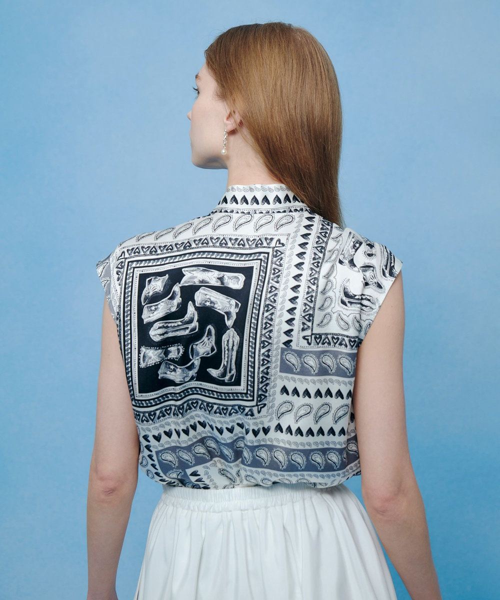 LOULOU WILLOUGHBY WEB 一部店舗限定【LOULOU WILLOUGHBY】ウエスタンスカーフプリントリボンブラウス ブラック (95)