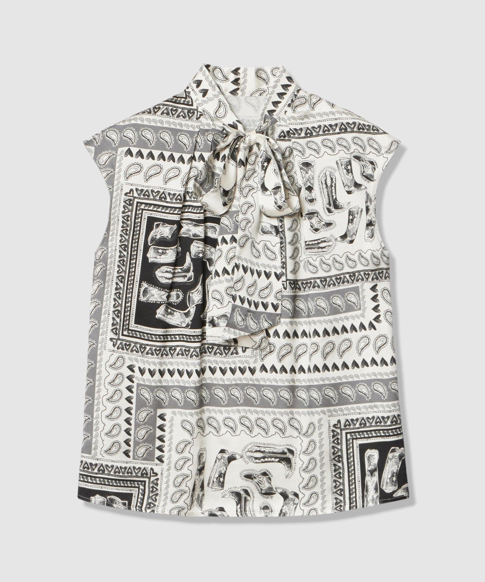 LOULOU WILLOUGHBY WEB 一部店舗限定【LOULOU WILLOUGHBY】ウエスタンスカーフプリントリボンブラウス ブラック (95)