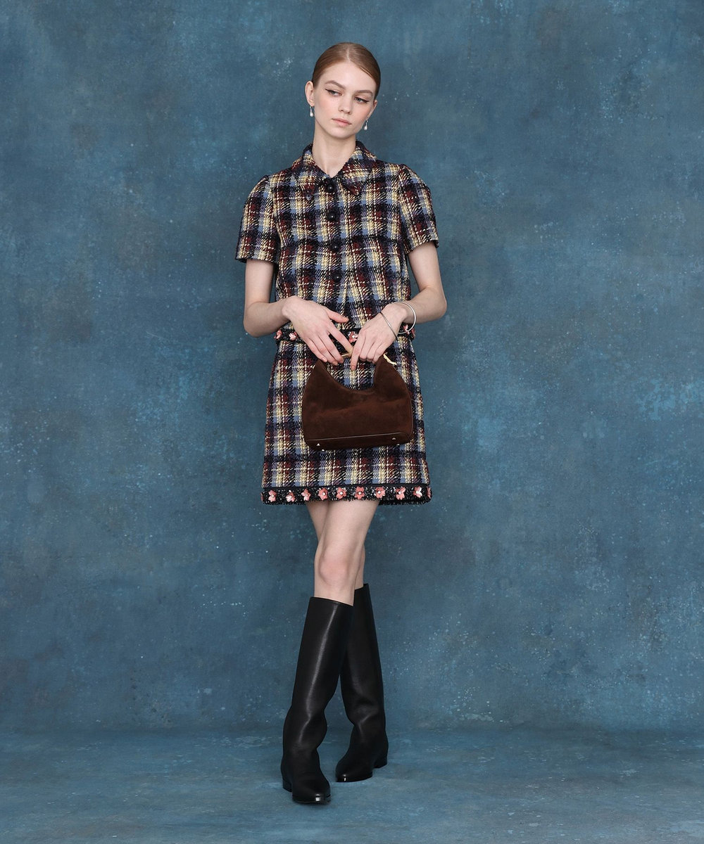 LOULOU WILLOUGHBY チェックフラワーモチーフ半袖ジャケット ブラウン系 (88)