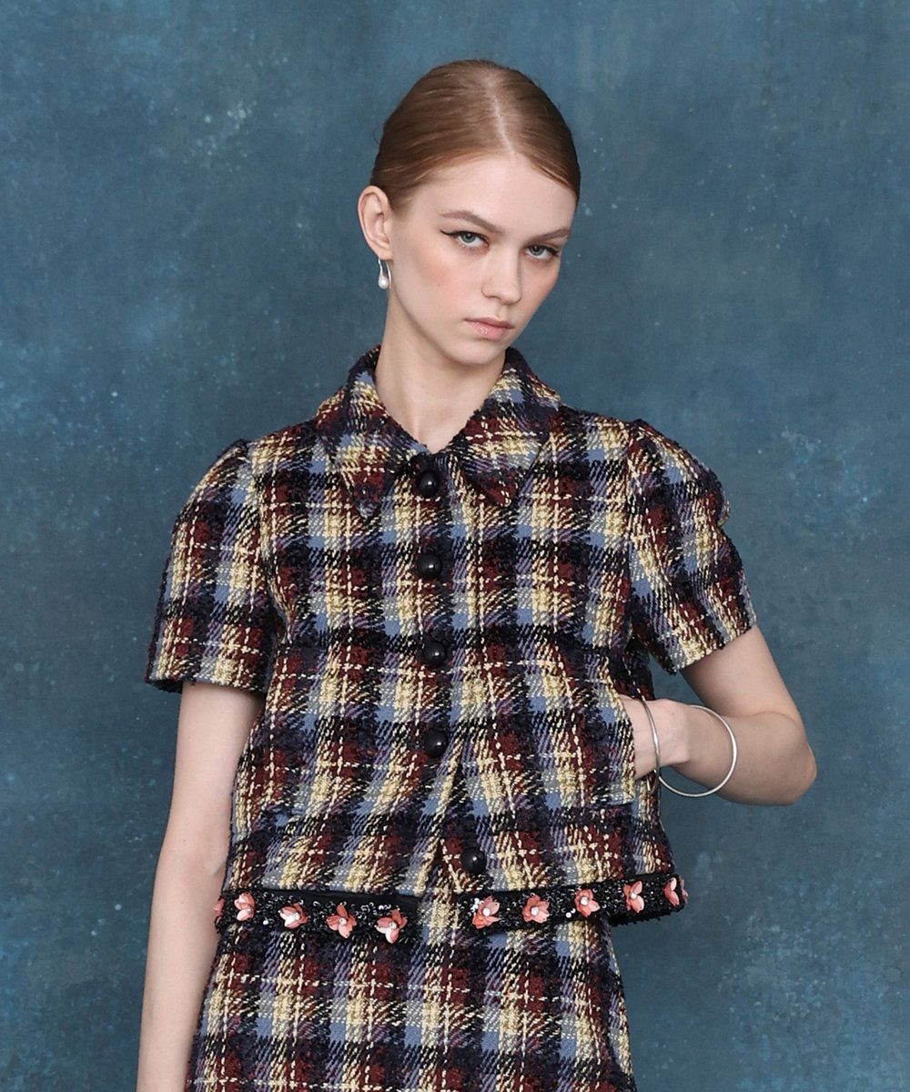 LOULOU WILLOUGHBY チェックフラワーモチーフ半袖ジャケット ブラウン系 (88)