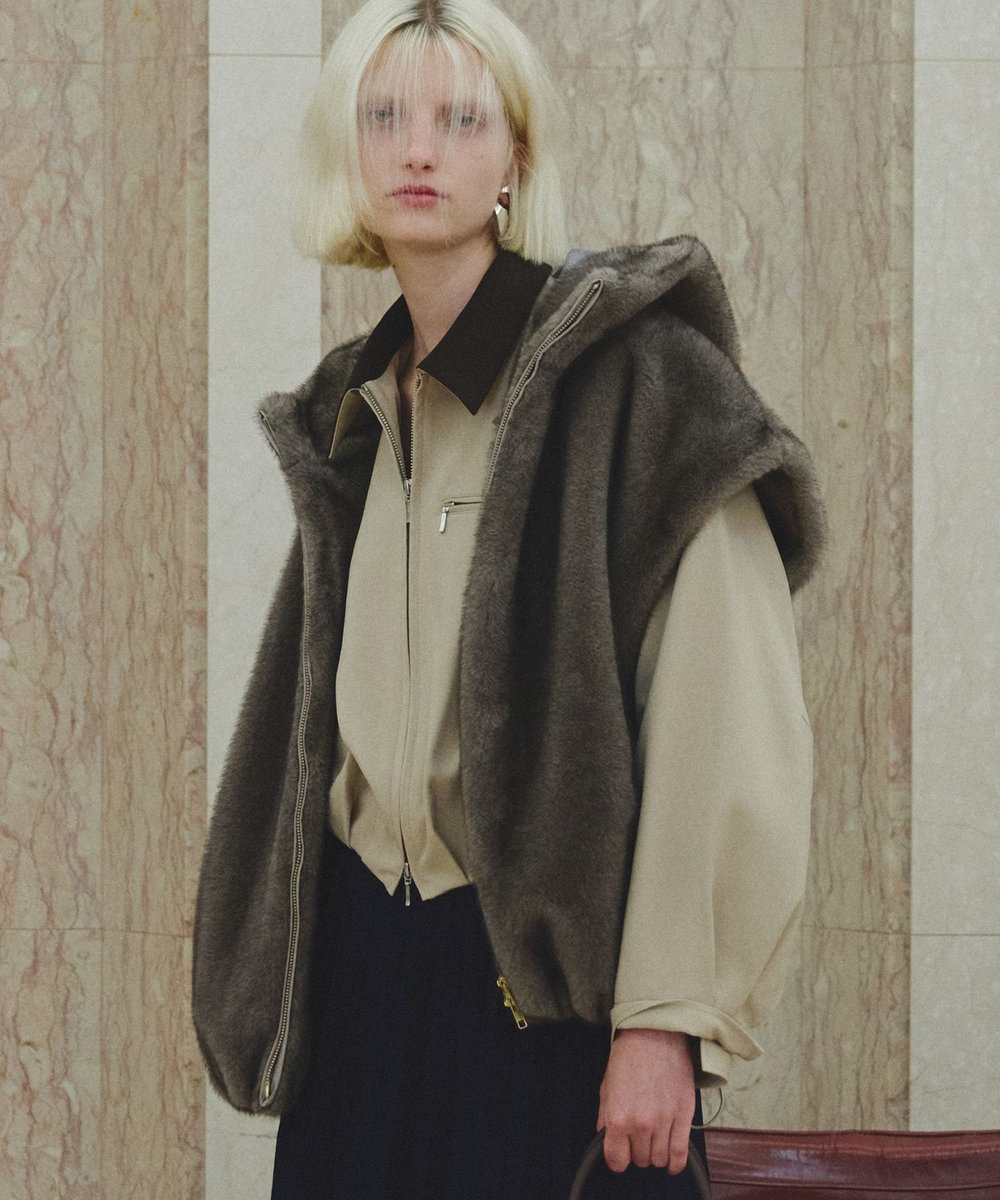 allureville フェイクミンクファーフーディーブルゾン ダークブラウン (82)