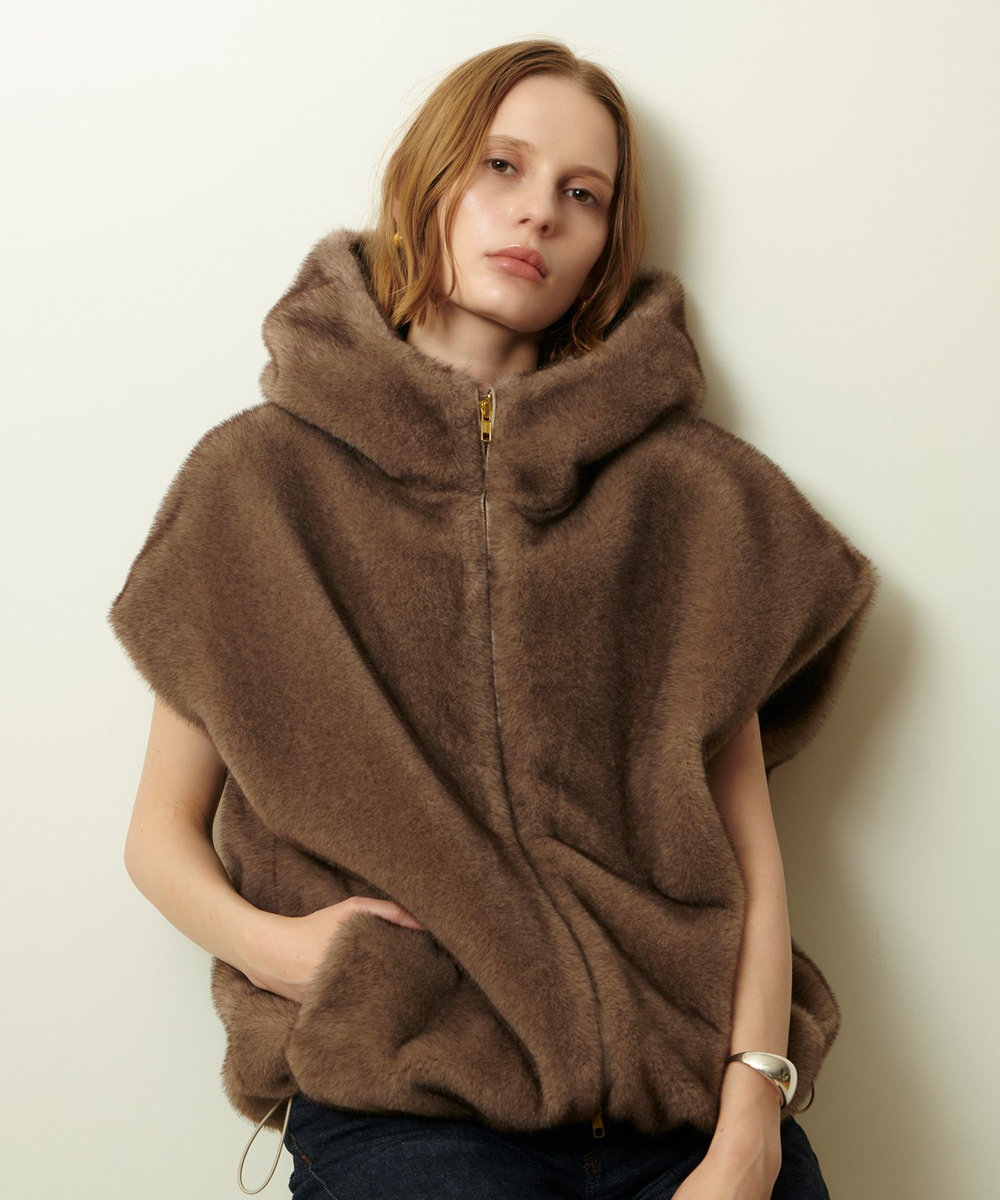 allureville フェイクミンクファーフーディーブルゾン ダークブラウン (82)